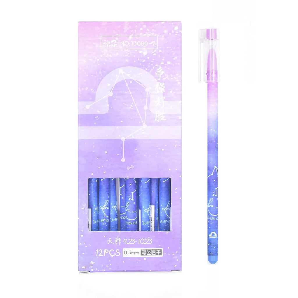 Box of 12 quick-drying gel pens with constellation designs and plastic bodies