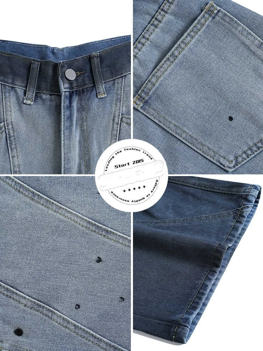 Blue tie-dye gradient washed cropped jeans with loose fit and mid-waist construction