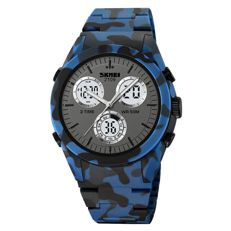 Electronic casual watch with camouflage pattern, resin crystal, and stainless steel button on TPU strap