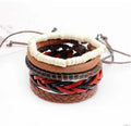 Adjustable brown leather wrap bracelet with wooden beads and hand-knitted cord design.