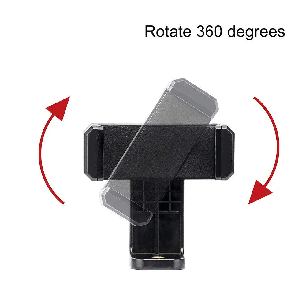 Black plastic rotating phone holder with clamp mechanism showing compact dimensions