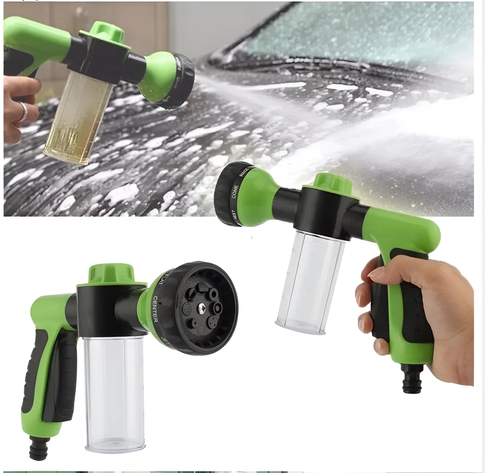 Green high-pressure foam spray gun with adjustable nozzle for car washing and household cleaning tasks