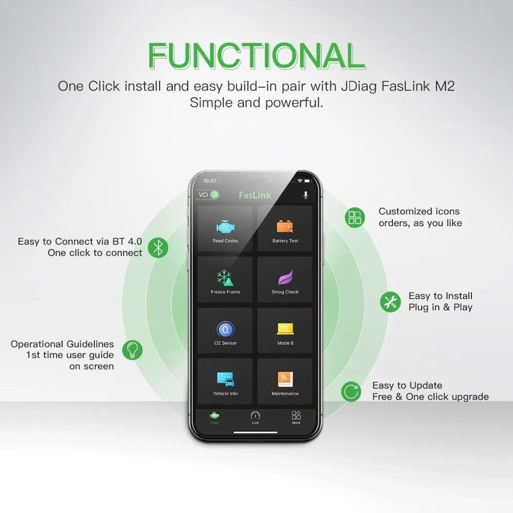 FasLink M2 OBD2 Bluetooth scanner with 16-pin port and non-slip shell for iPhone and Android