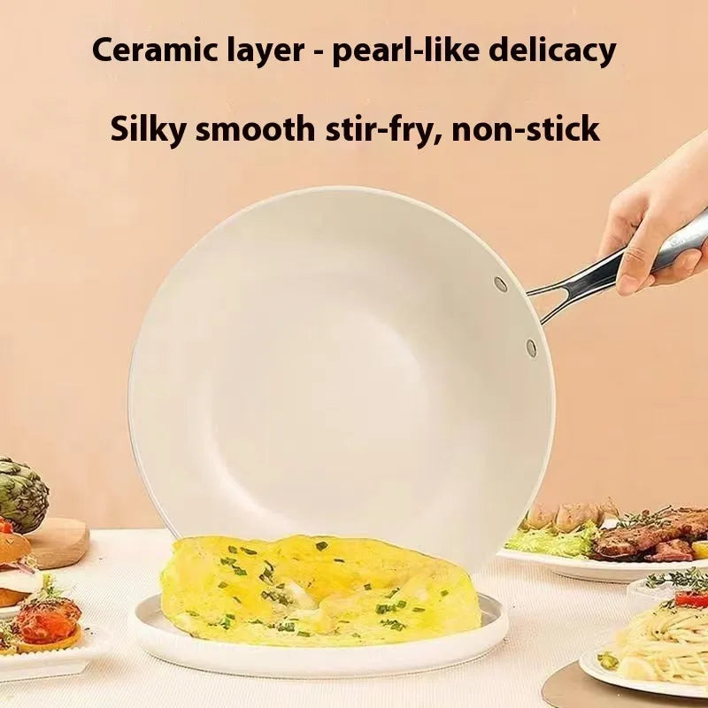 28cm non stick stir fry pan with refined iron body, ceramic glaze coating, and stainless steel glass lid