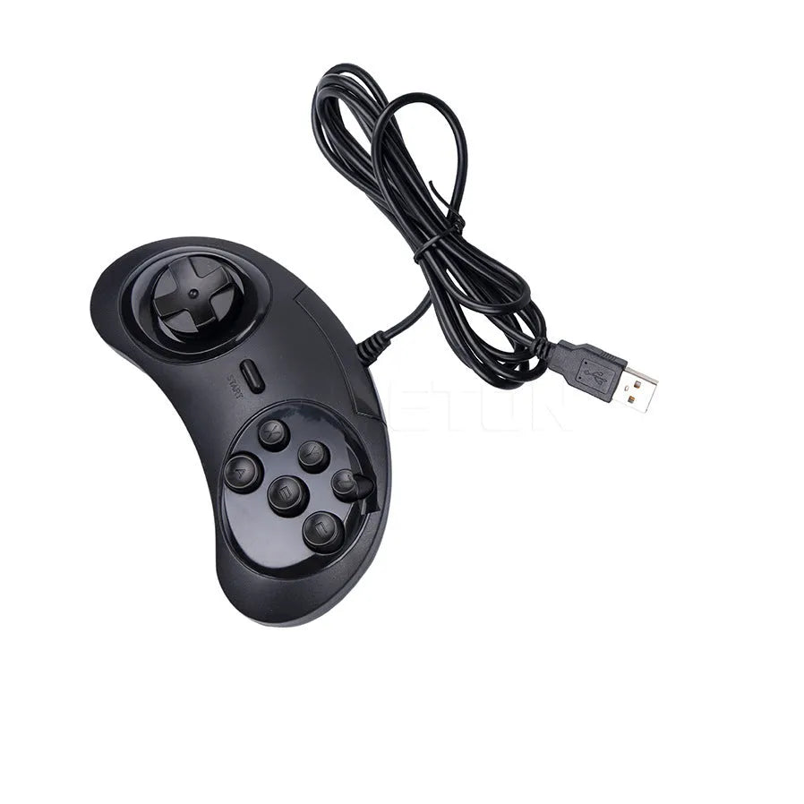 Black Sega USB PC game controller with 1.8 metre cable on desk