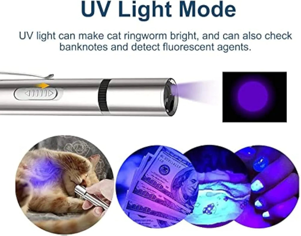 Silver aluminium alloy cat laser pointer wand with USB charging port and pattern selection gear