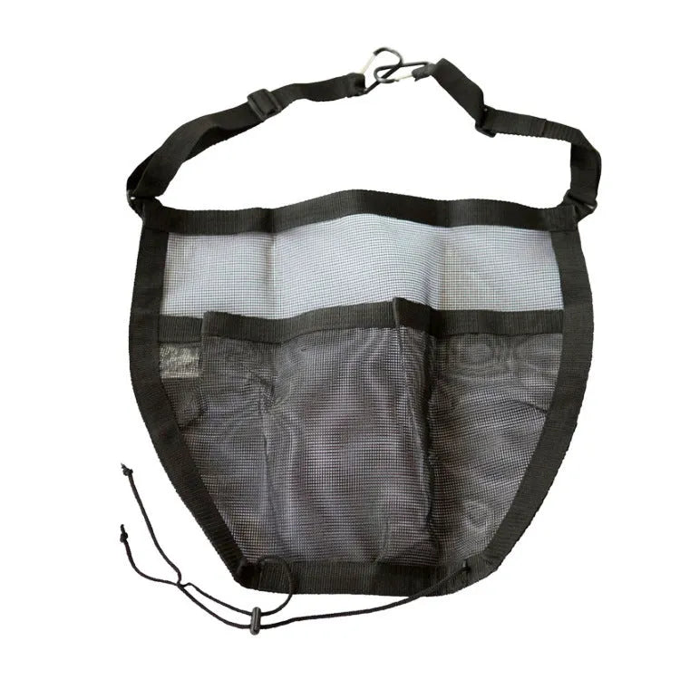 Black car bag mesh storage hanging bag, 25x16.5x3.8cm, nylon and mesh material, hanging on a car seat back.
