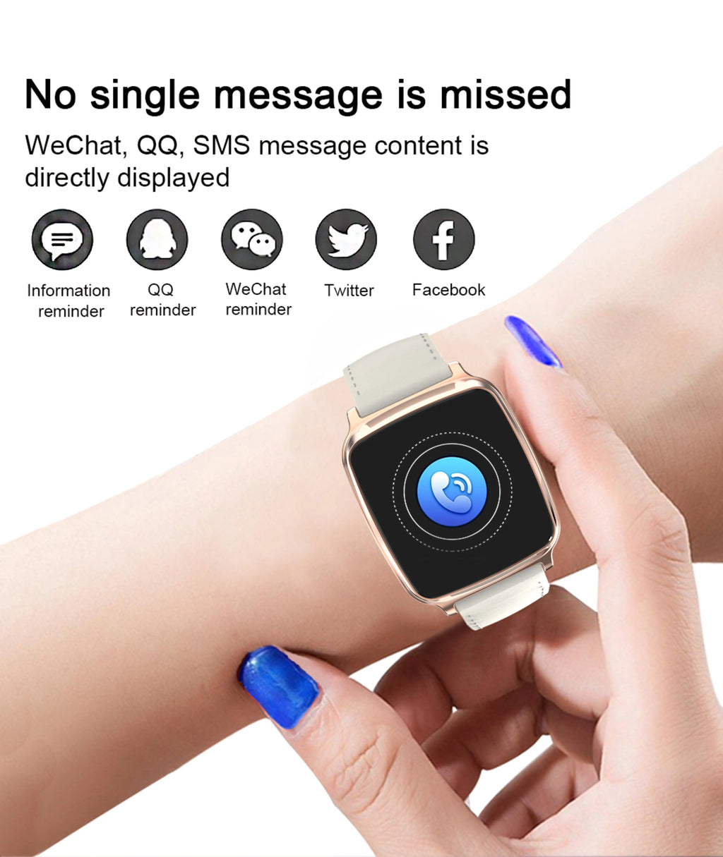 M8 smart fitness bracelet with touch screen shown in black, brown, gold, and silver colour options on a wrist.