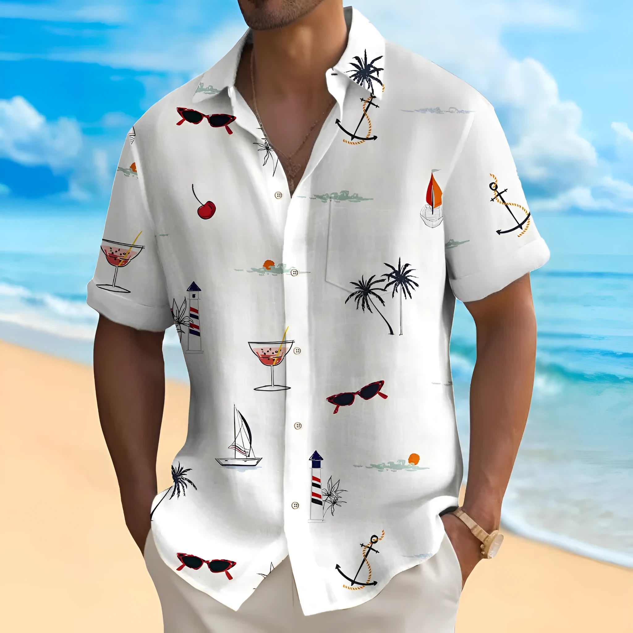 Men's loose fit Hawaiian shirt with digital printed pattern in multiple colour options