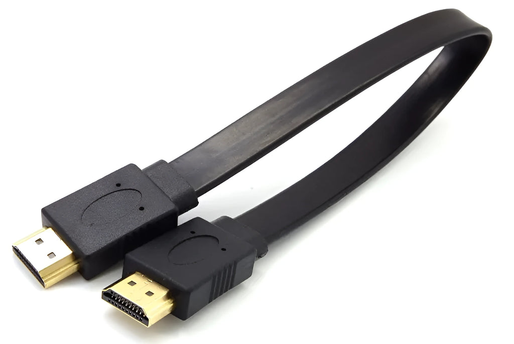 HDMI 1.4 flat cable with gold connectors showing length options for 1080P video connection