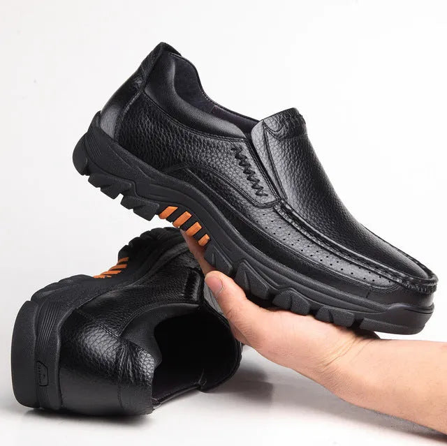 Men's black and brown cowhide leather slip-on business casual shoes with rubber soles