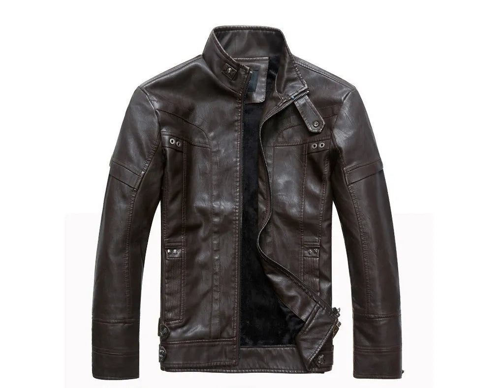 Washed PU leather biker jacket in Black, Coffee or Khaki, sizes L to 5XL with polyester lining