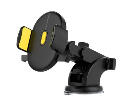 Yellow and black telescopic car phone holder with suction cup mounted on a car dashboard.