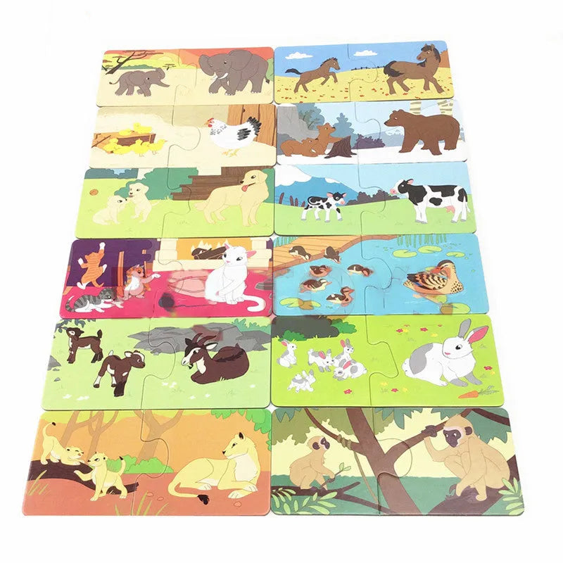 French children's puzzle toy with 24 thickened paper pieces for matching words and pictures