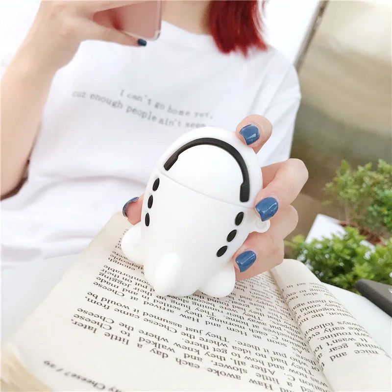 Silicone flip-cover protective case for AirPods 1 and 2 with airplane headset cartoon print and carry hook.