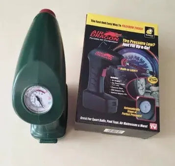 Portable car air pump with digital display and LED light showing 12V power connection and extended air hose
