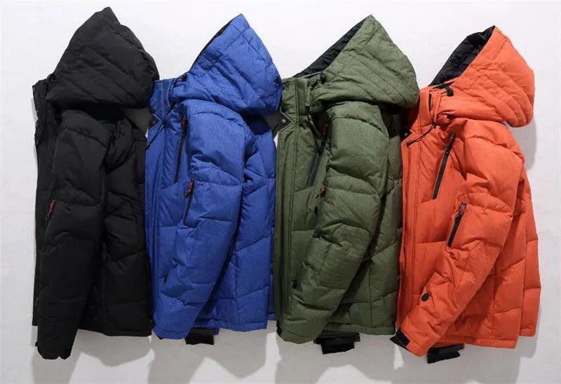 Men's down jacket in polyester fibre, Asian sizes M to 3XL, shown in black, blue, green, grey and orange red