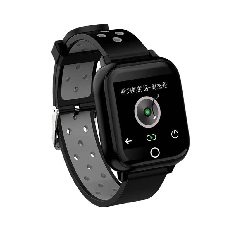 Black smartwatch with detachable Bluetooth earbuds stored in the watch case.