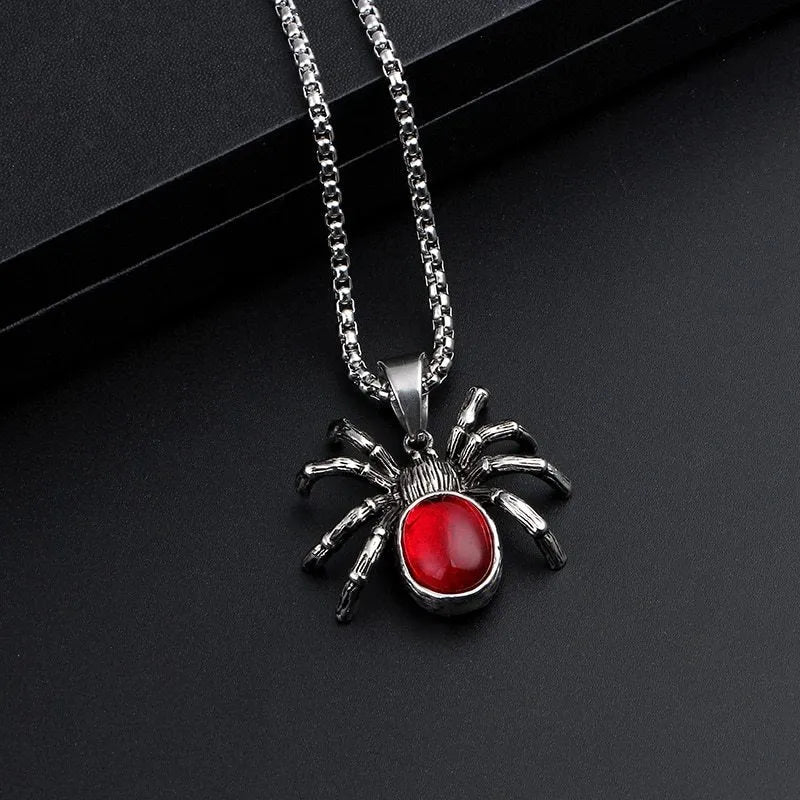 Men's vintage black widow spider pendant necklace with red crystal detail on zinc alloy link chain