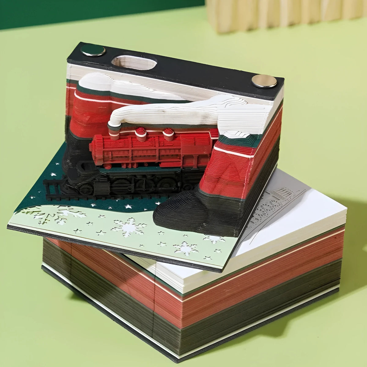 3D sticky notes with Qingshui Temple paper carving and Christmas Train cover design