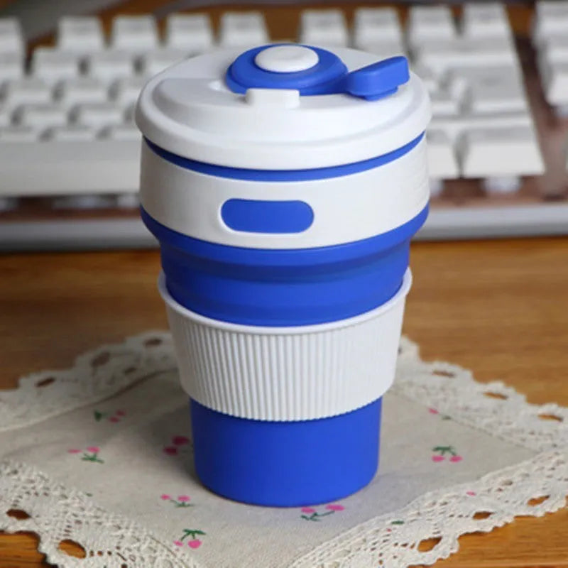 Green collapsible silicone travel cup showing folded and expanded states with leak-proof cover