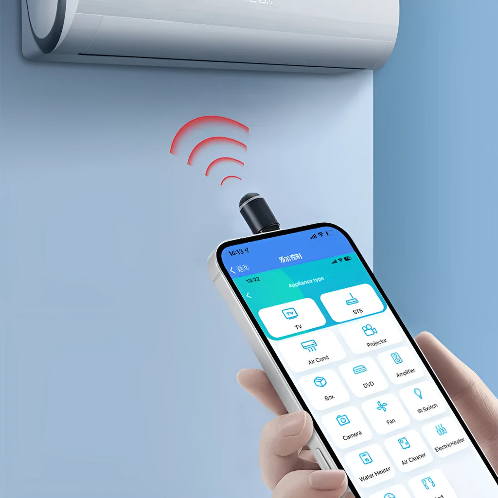 Black capsule infrared emitter for smartphone with Lightning, USB-C, and micro-USB interface options