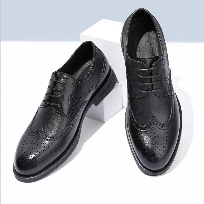 Men's black and brown brogue leather shoes for business wear with traditional detailing