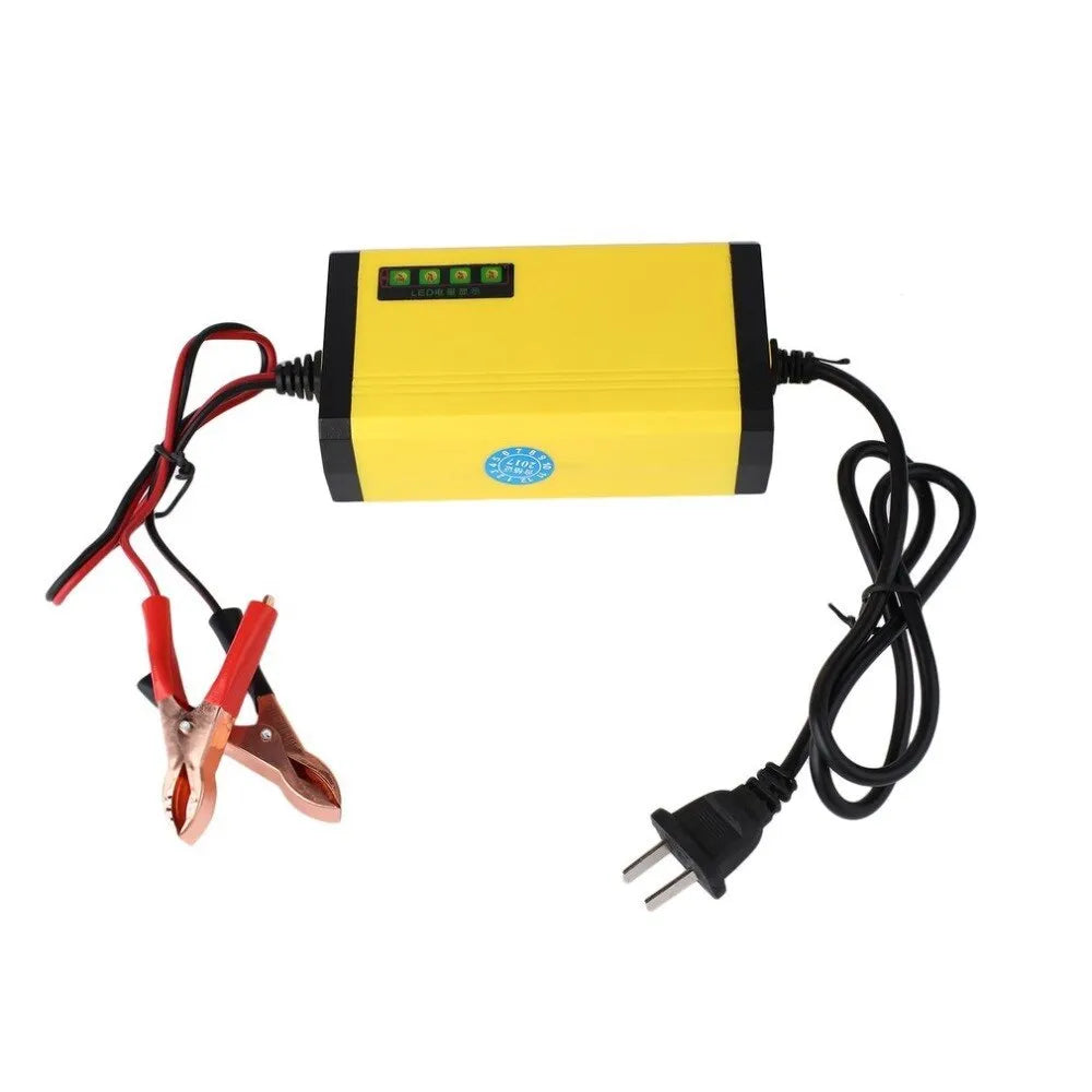 Yellow ABS motorcycle battery charger with alligator clips and 80cm input cable on a white background