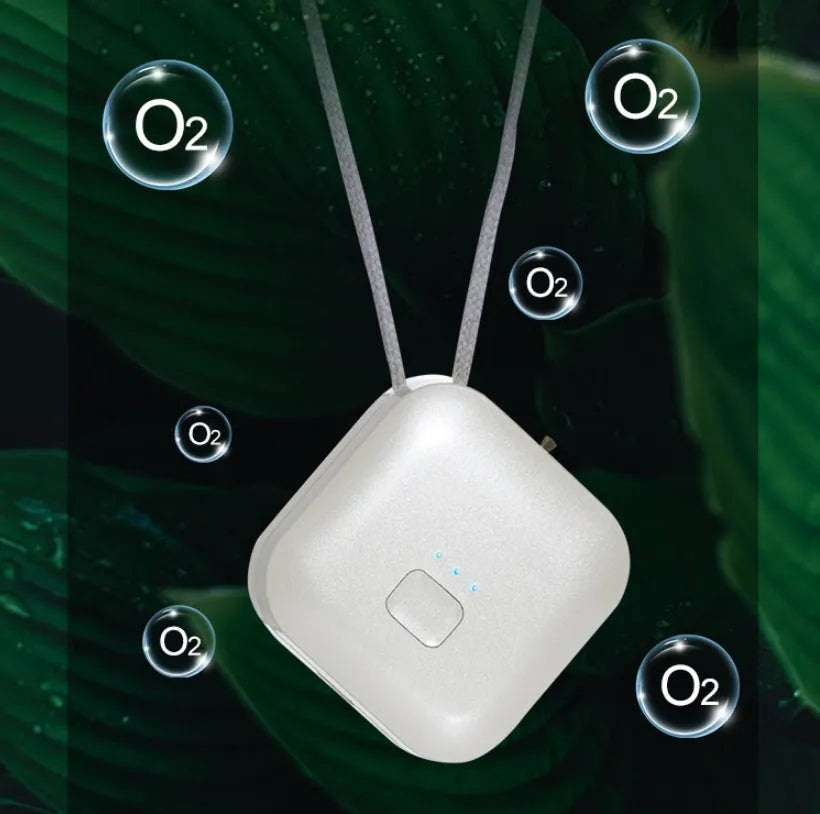 USB rechargeable mini air purifier necklace in blue, showing compact design worn around neck.