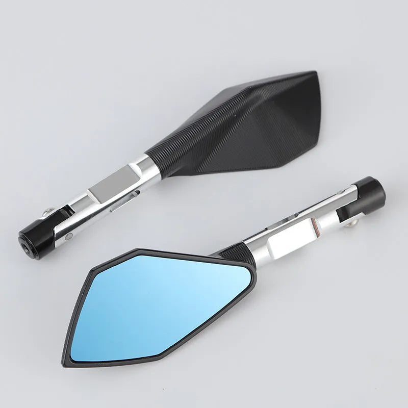 Pair of CNC aluminium motorcycle rearview mirrors with 180mm reflector, anodised finish, and universal thread adaptors