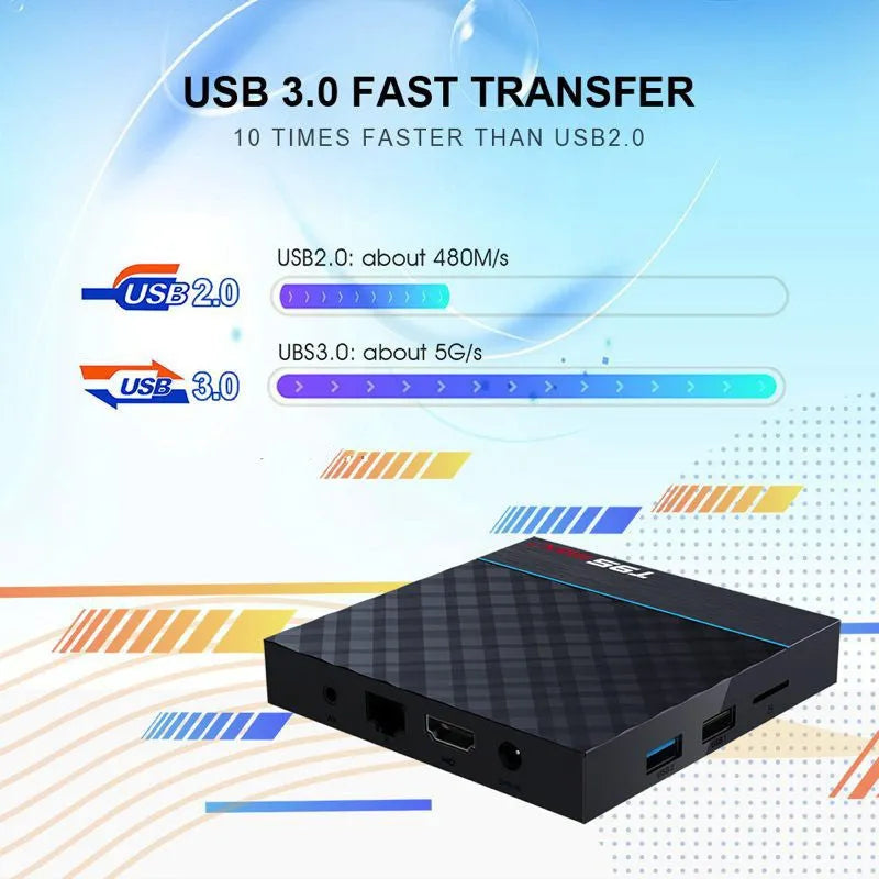 Black T95 Max Plus Android TV box with remote control, showing UK power plug