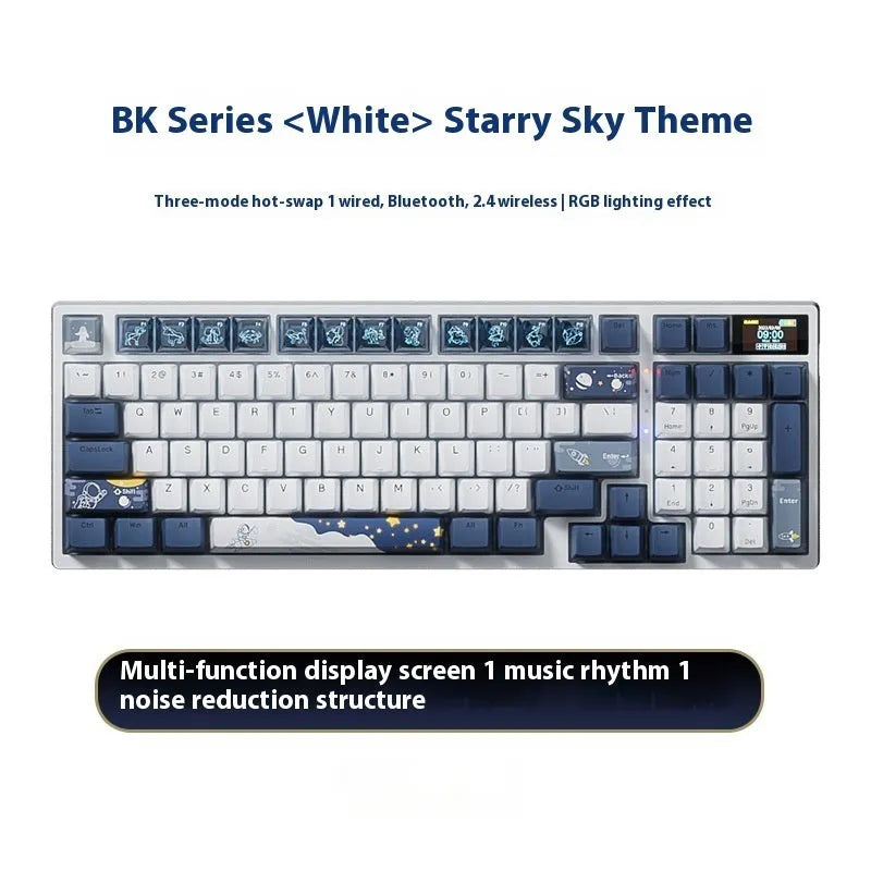 Wireless mechanical keyboard with three-mode Bluetooth, 88-98 keys, RGB backlight, hot swap switches, and colour screen display