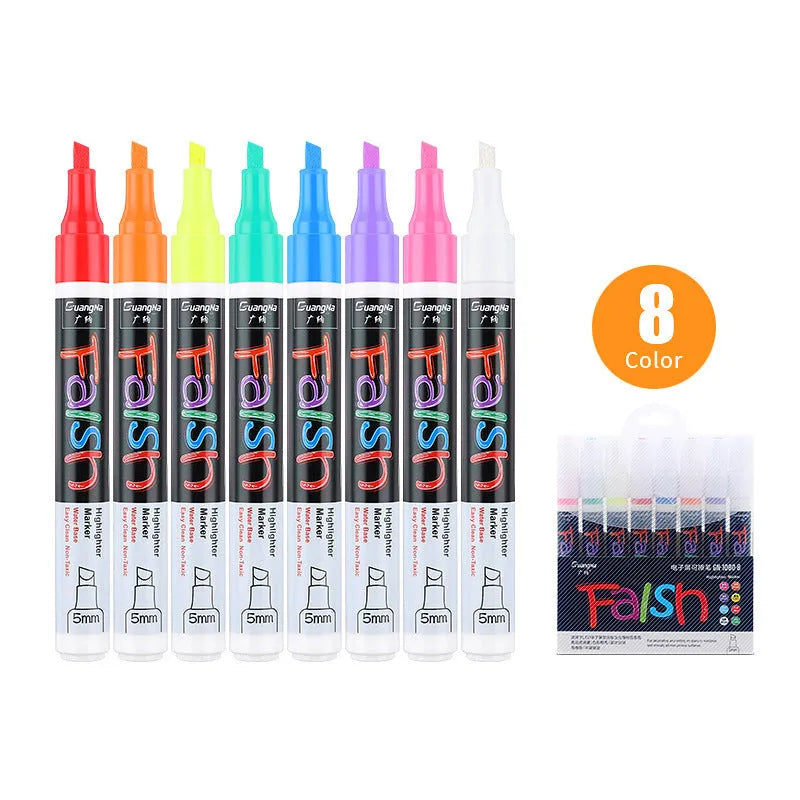 Electronic fluorescent plate highlighter pen with 6mm tip, plastic oblique body, shown with multi-colour refill set.