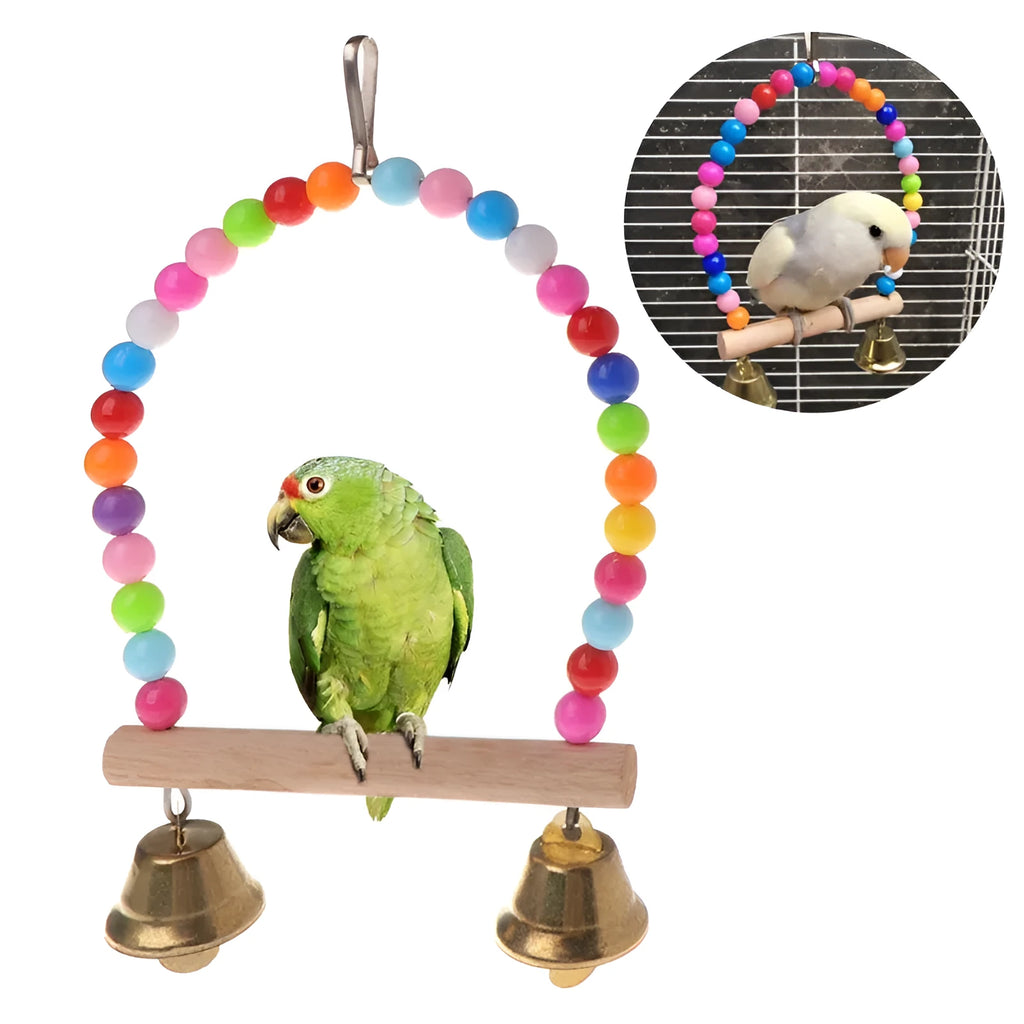 Wooden parrot swing with colourful beads, two bells, and a hanging hook, 10cm by 1.4cm by 15cm