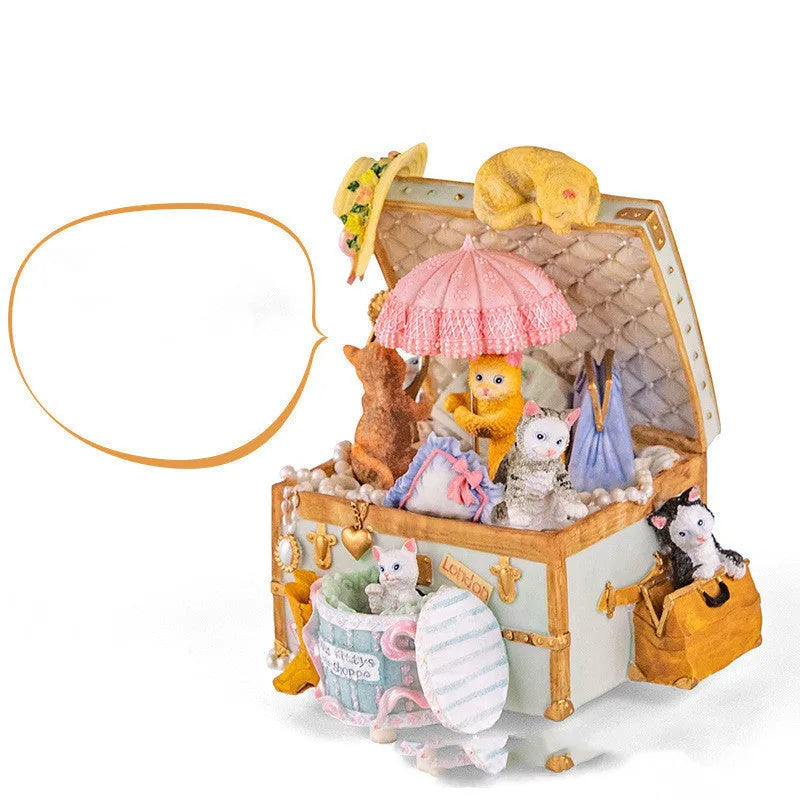 Cold porcelain cat jewellery box music box with rotating snowflakes and light, 18-note Yunsheng movement, 155 x 120 x 170mm