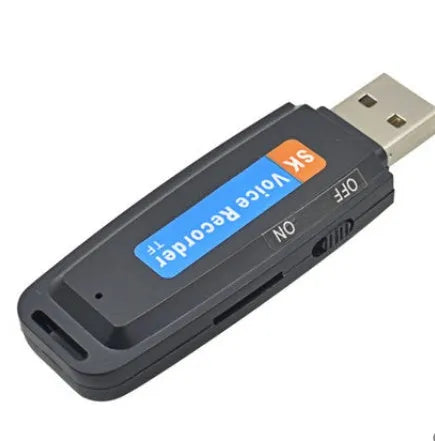 Black and white USB flash drive with voice recording function showing 70mm length
