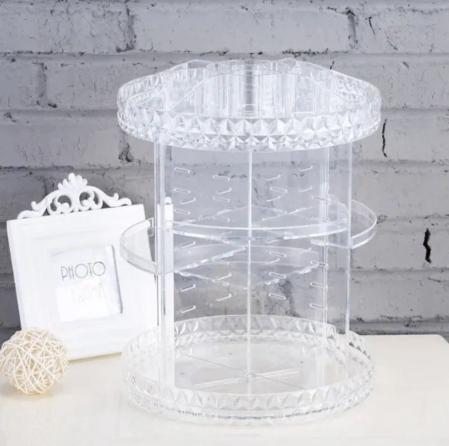 360 rotating makeup organizer with diamond wave pattern and detachable spinning storage shelf in black, white, or transparent options