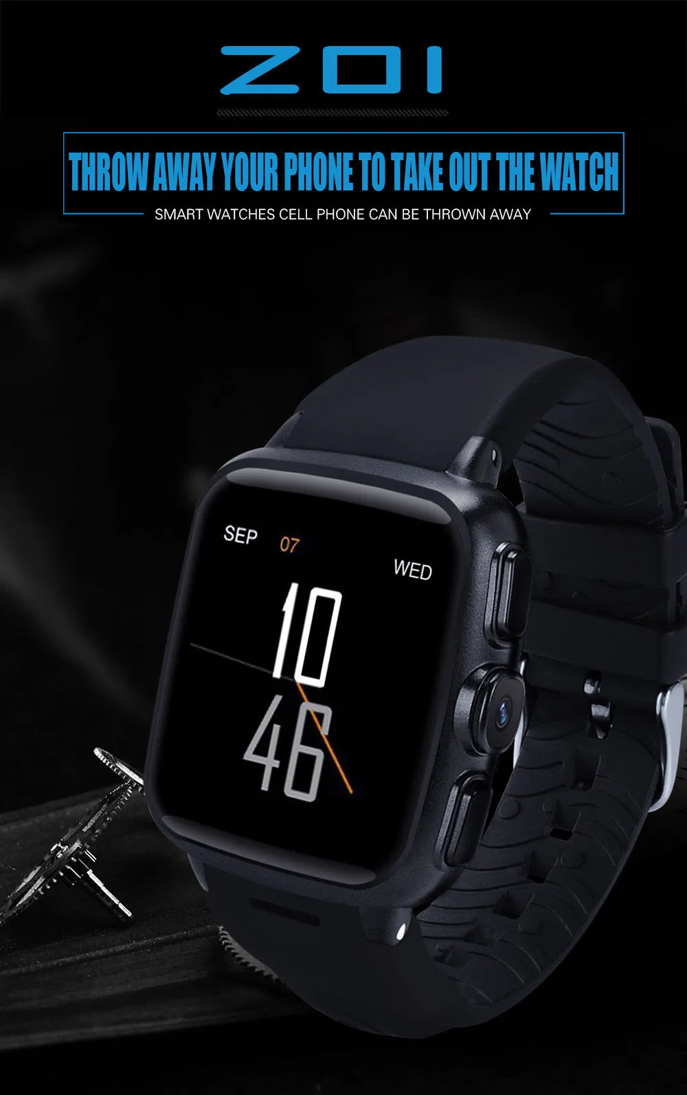Z01 smart watch with 1.54 inch HD touchscreen on wrist, showing Android interface