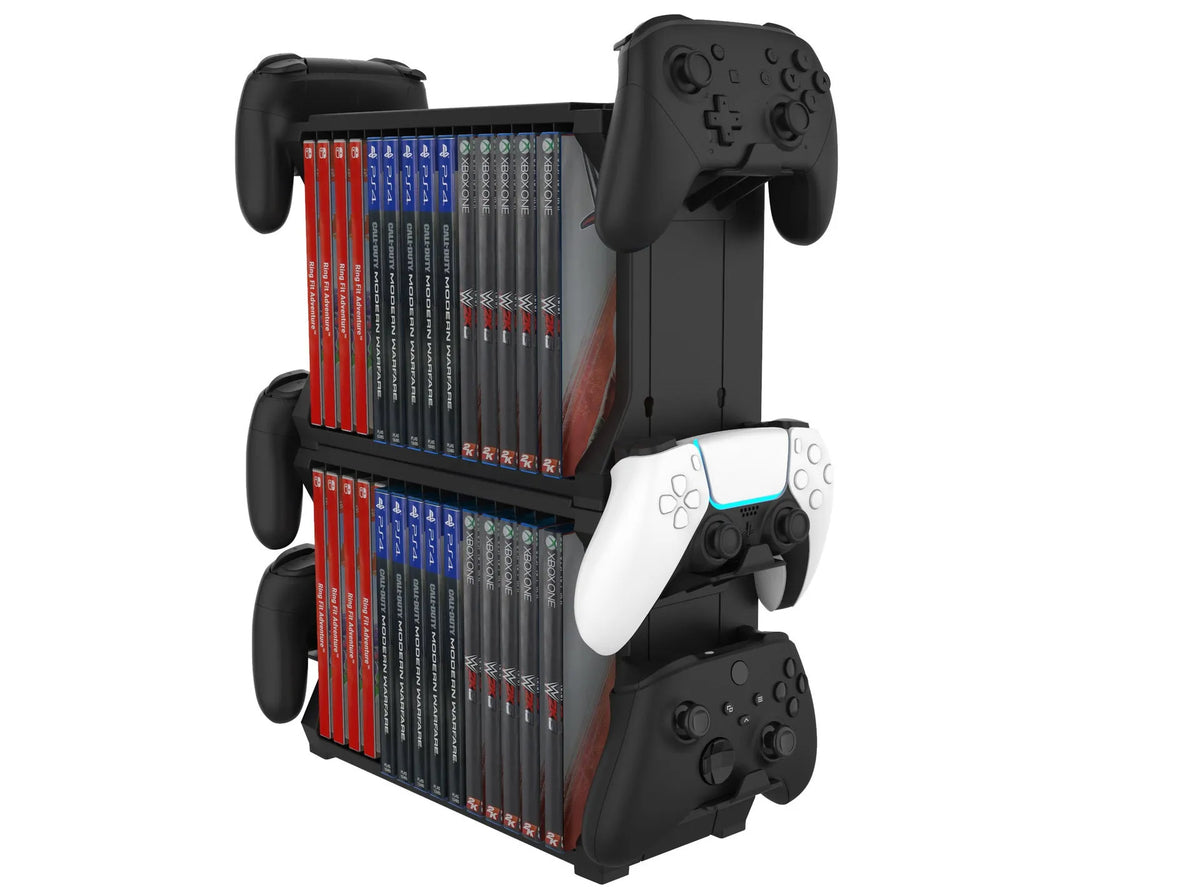 Black ABS plastic game disc and controller storage holder for PS5 and Xbox Series X consoles