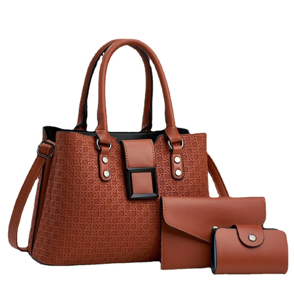 Women's textured crossbody bag set showing woven details and internal organisation compartments