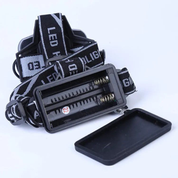 Head-mounted camping light with fixed focus beam, waterproof construction, battery power and LED light source