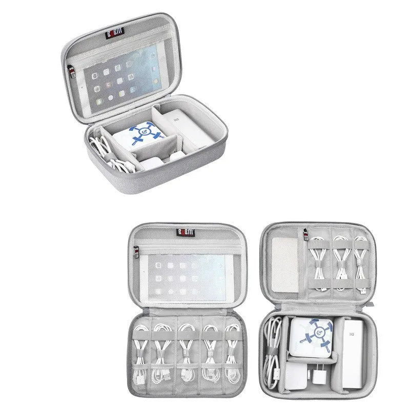 Black EVA digital storage bag for headphones and small electronics with organised compartments