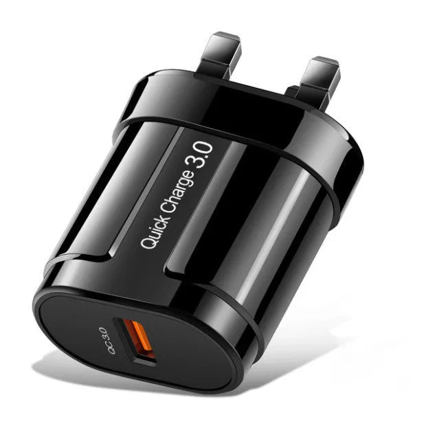 White and black smart mobile phone chargers with EU, UK, and US plug options shown.