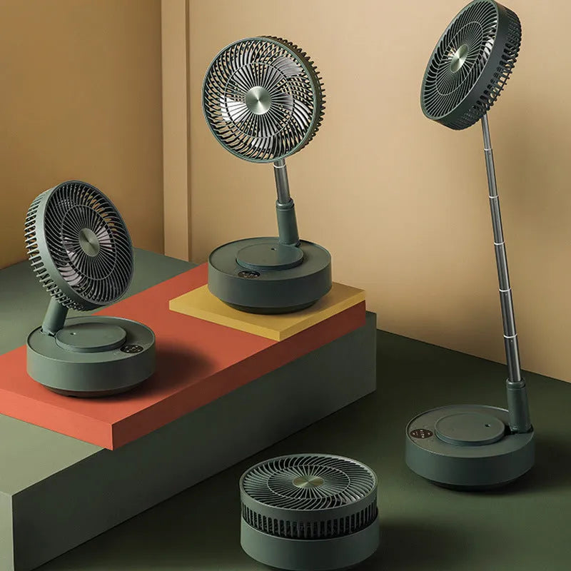 Green and white telescopic rechargeable floor fan with remote control, shown in both desktop and extended height modes.