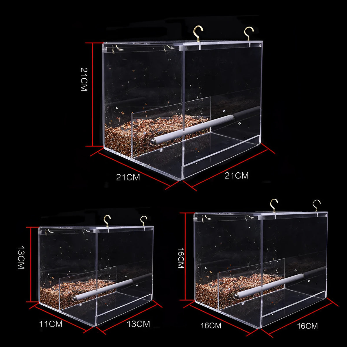Clear acrylic bird feeder food box for parrots, available in small, medium, and large cube sizes.