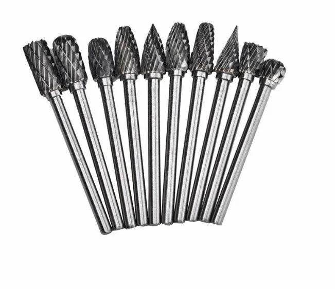Ten tungsten steel carbide rotary burrs with 6mm head and 3mm shank arranged on a white background