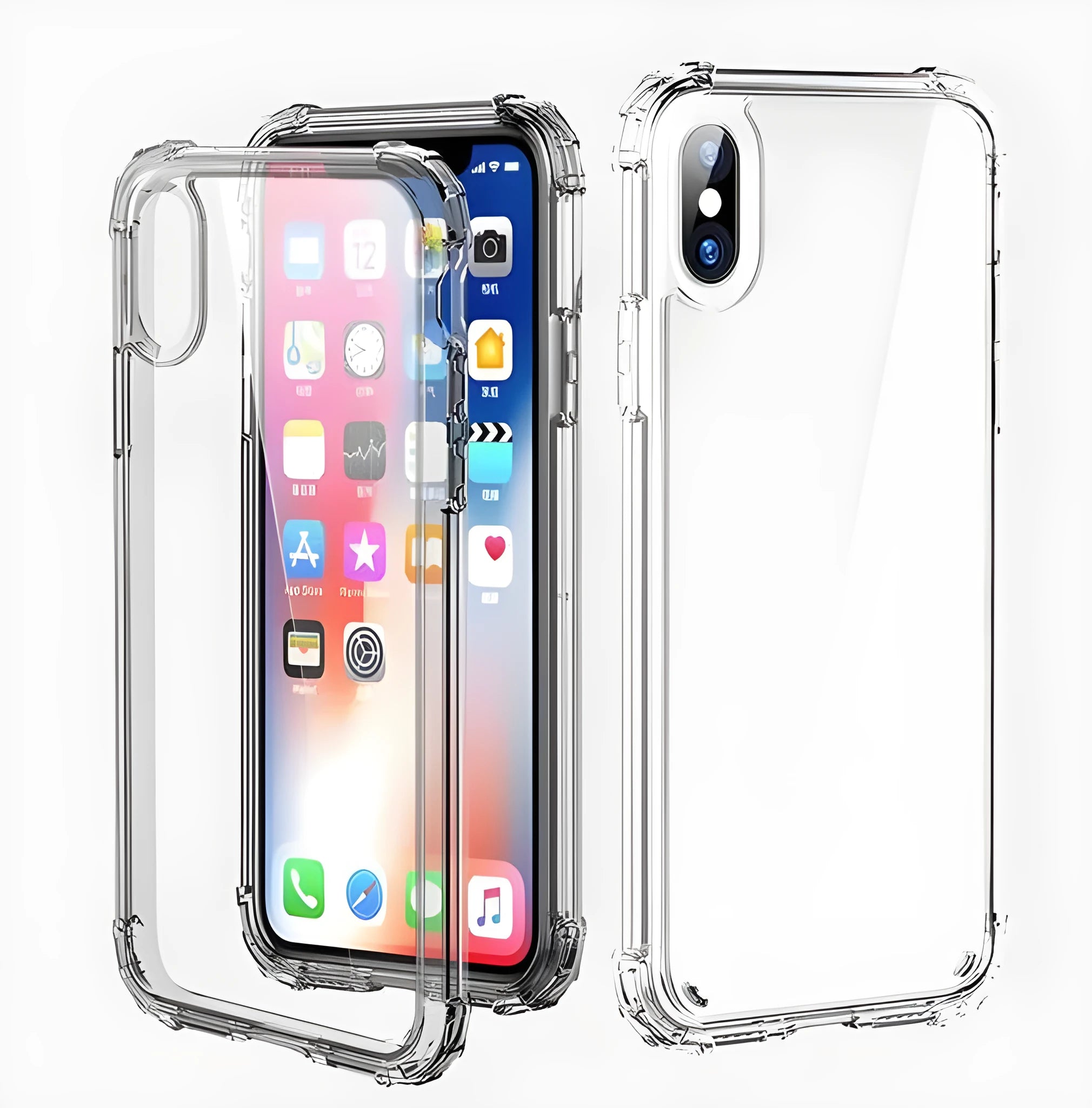 Transparent shockproof TPU case for iPhone on a table, showing clear design and back cover style.