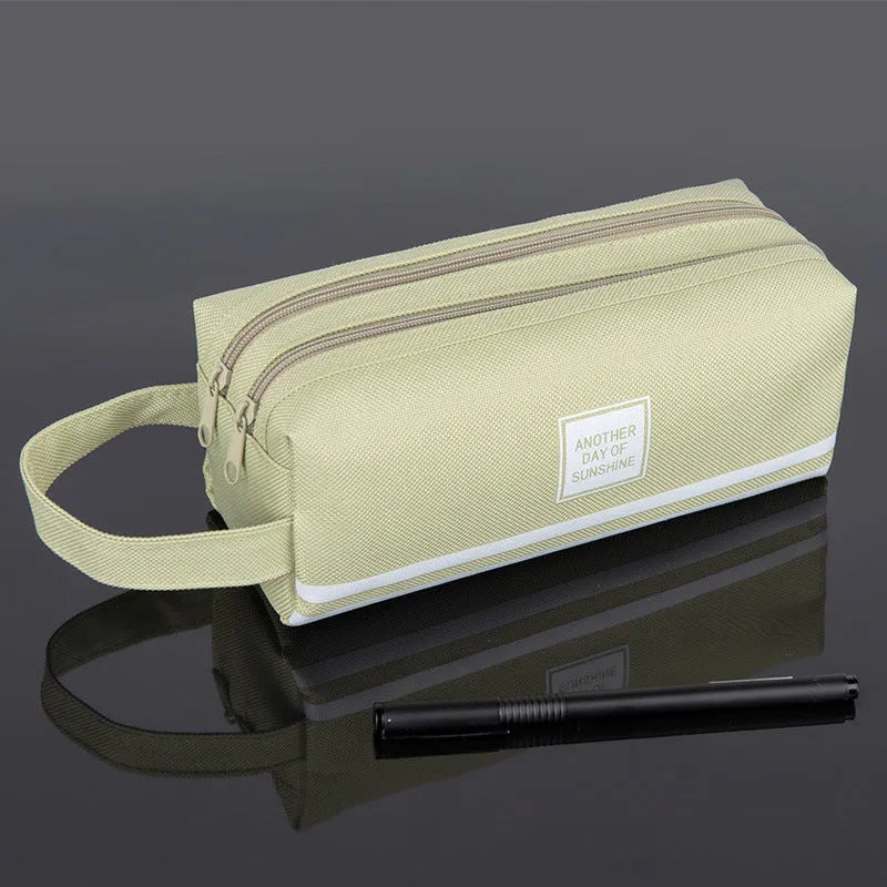 Canvas double-layer stationery box in green with double zipper, Oxford cloth construction