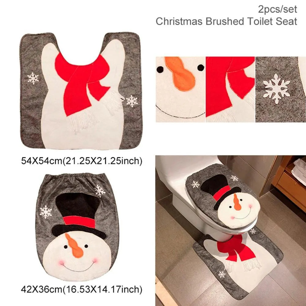 Christmas bathroom set with flannel shower curtain, toilet cover, and floor mats featuring Santa Claus design
