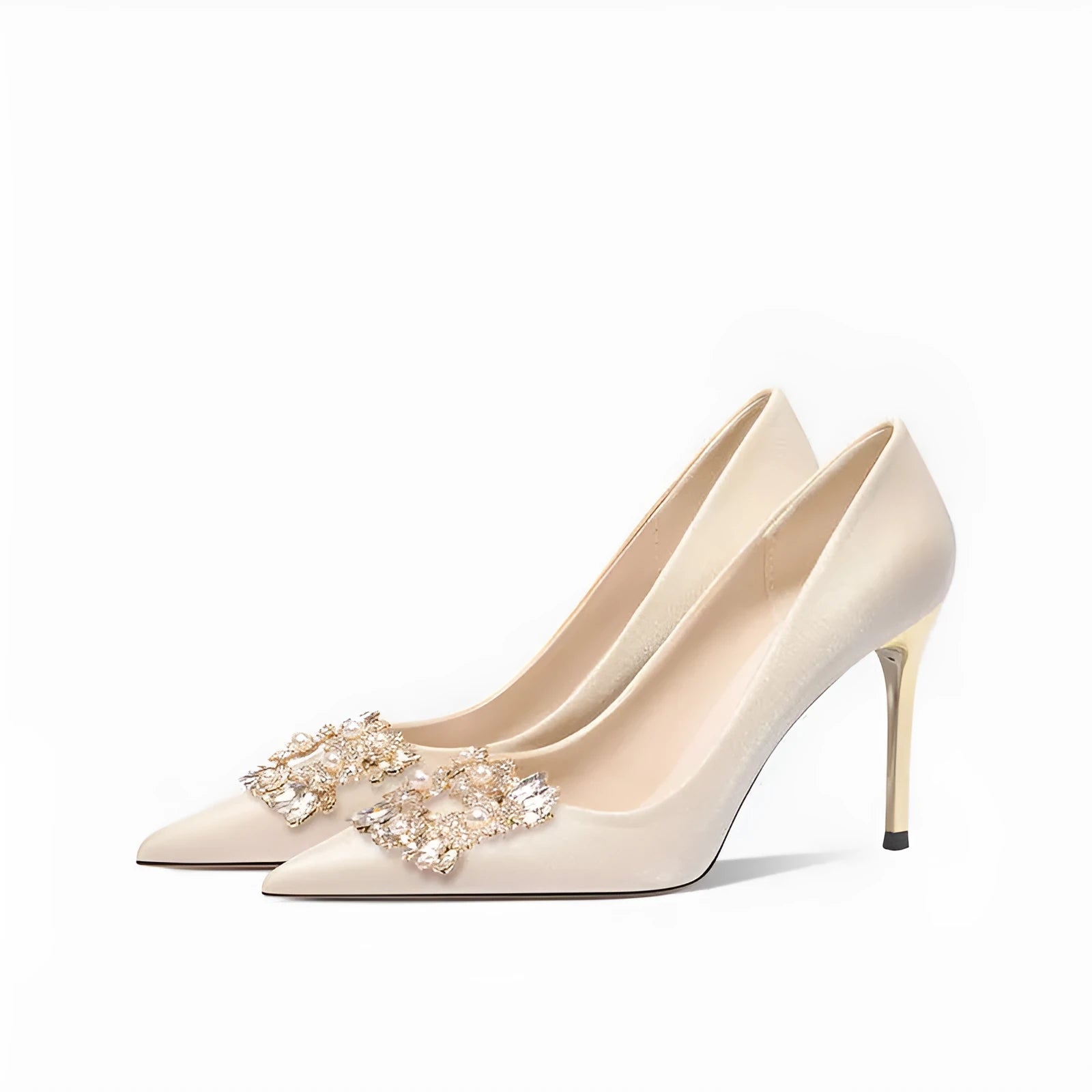 French crystal bridal high heels with rhinestone decoration and pointed toe in stiletto or cat heel styles
